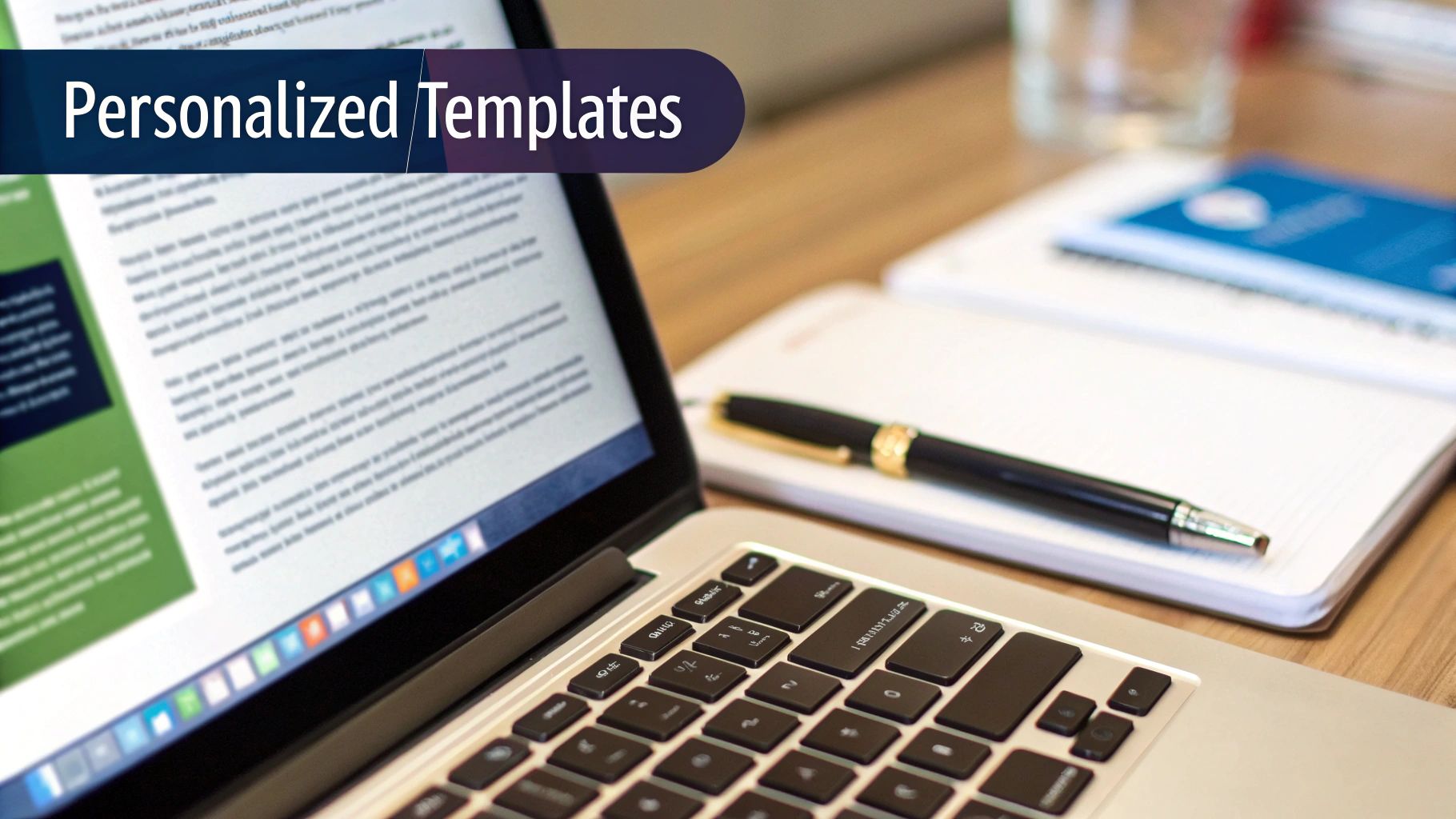 A laptop screen displays 'Personalized Templates' next to a pen and notebook on a wooden desk.