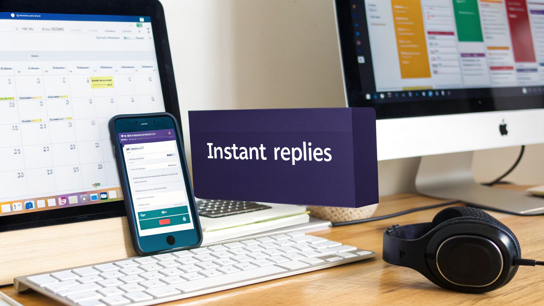 A digital workspace with a tablet, smartphone, monitor, keyboard, and an 'Instant replies' text box.