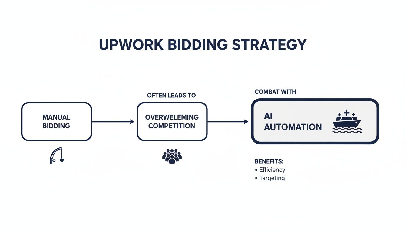 A diagram illustrating the Upwork bidding strategy, highlighting AI automation benefits over manual bidding.