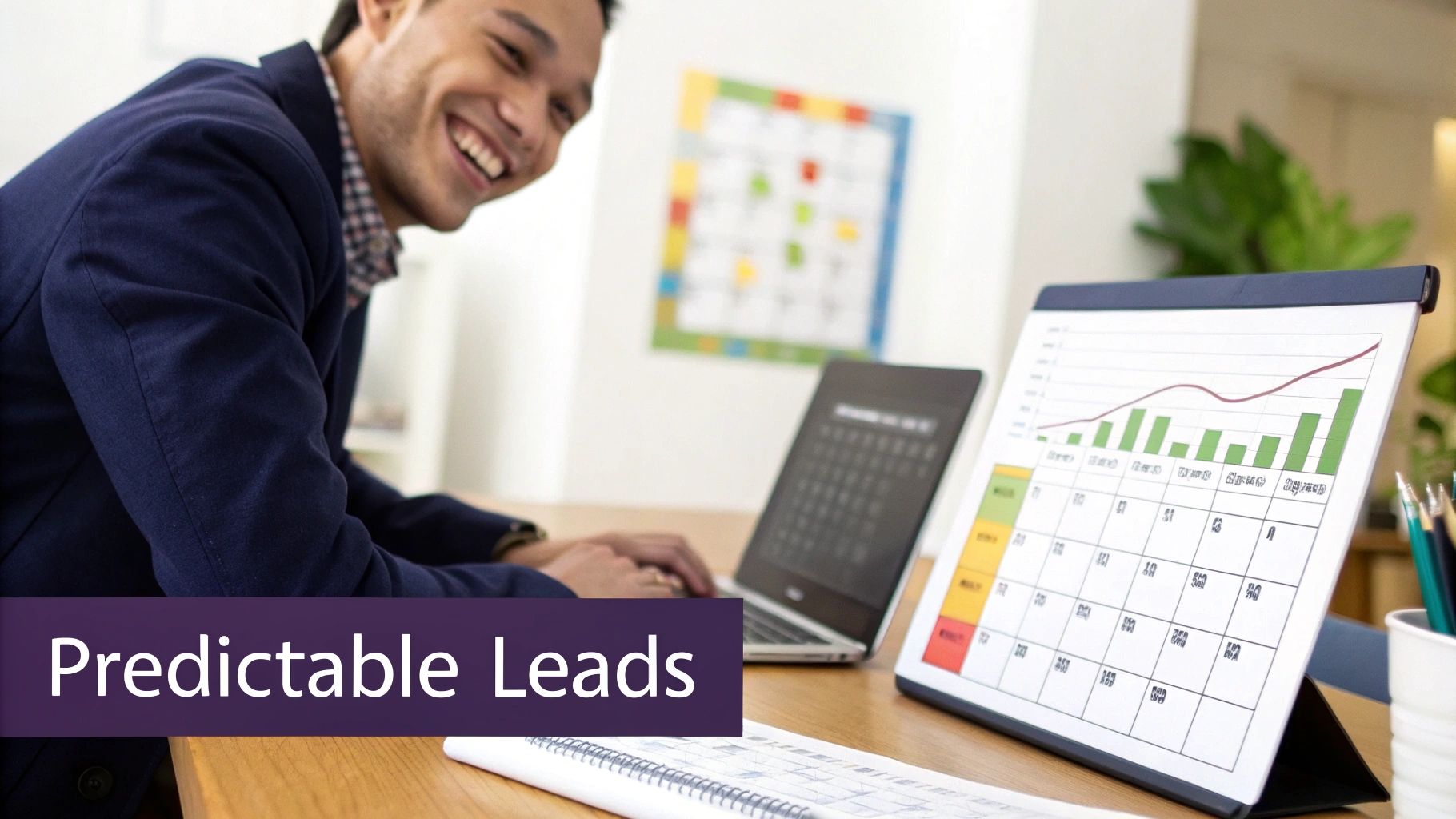 Smiling man on a laptop, with a desk calendar showing charts and 'Predictable Leads' text.