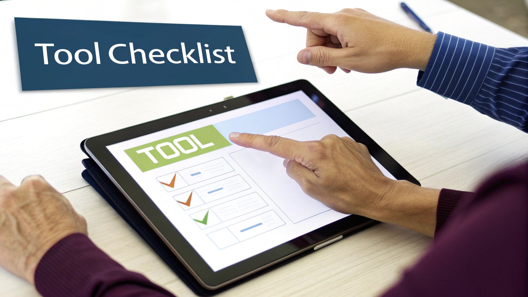 Hands interacting with a tablet displaying a 'Tool Checklist' for project planning.