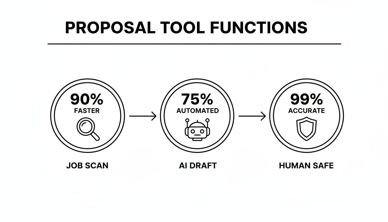 Infographic detailing proposal tool functions: Job Scan (90% faster), AI Draft (75% automated), and Human Safe (99% accurate).