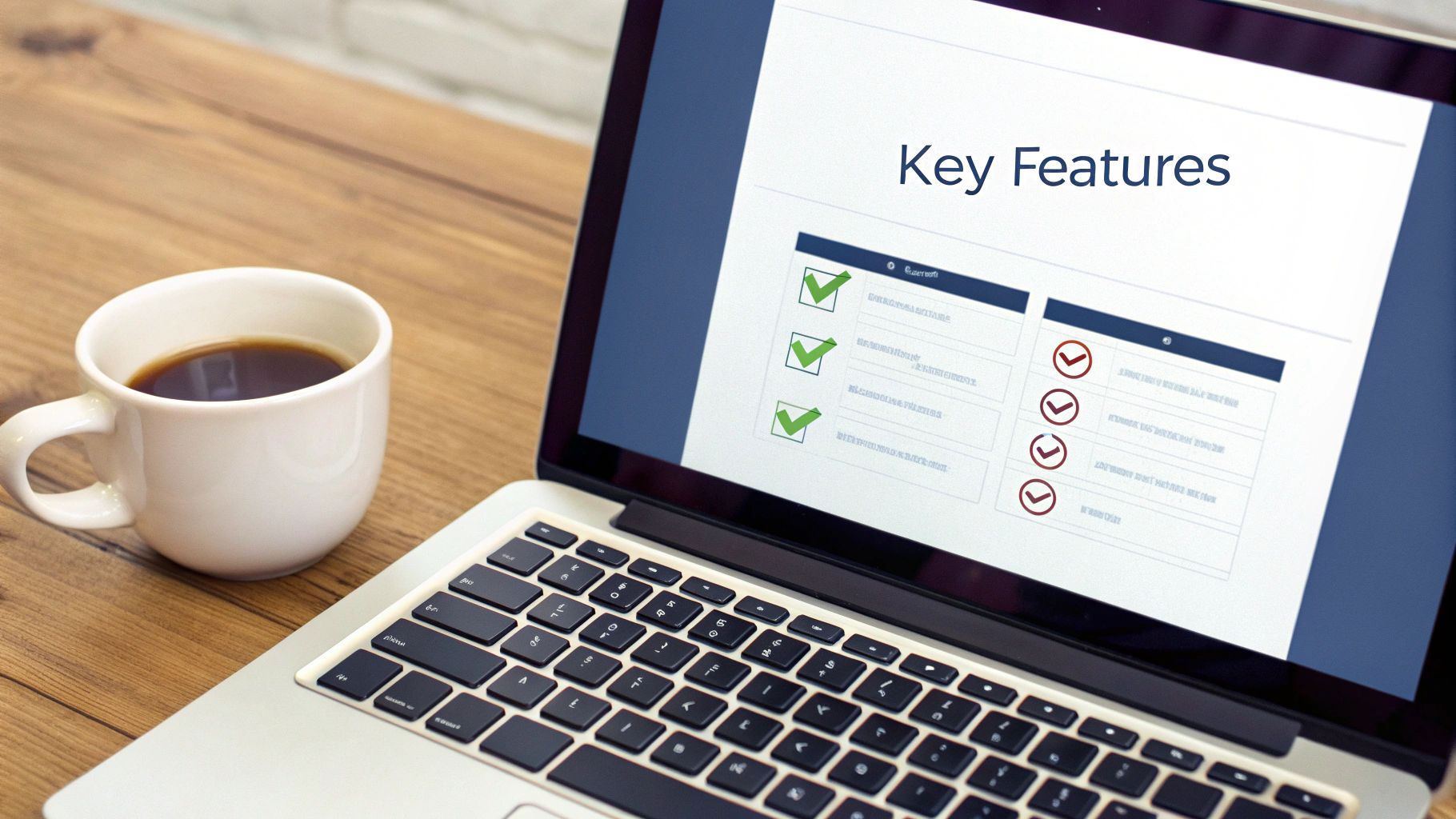 A laptop displays a 'Key Features' presentation with checkmarks, next to a coffee cup on a wooden desk.
