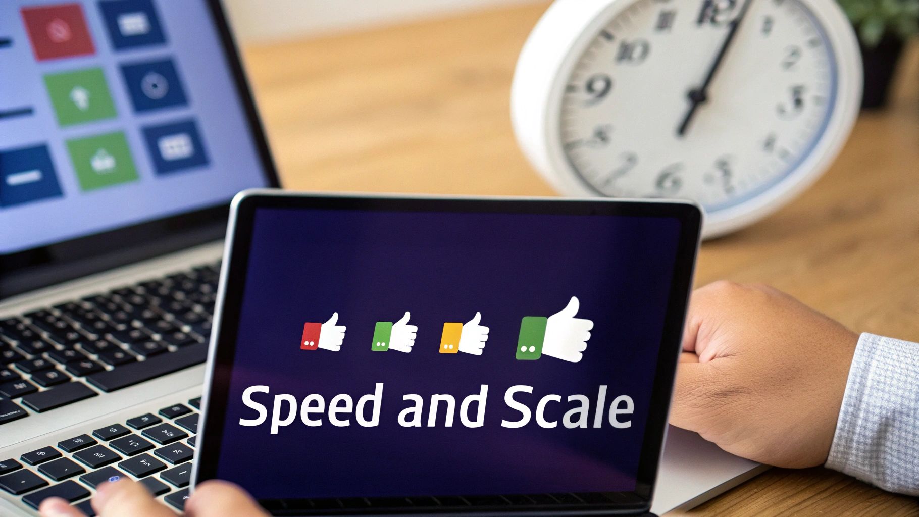 A person's hands on a laptop displaying 'Speed and Scale' with progress icons, another laptop and clock in the background.