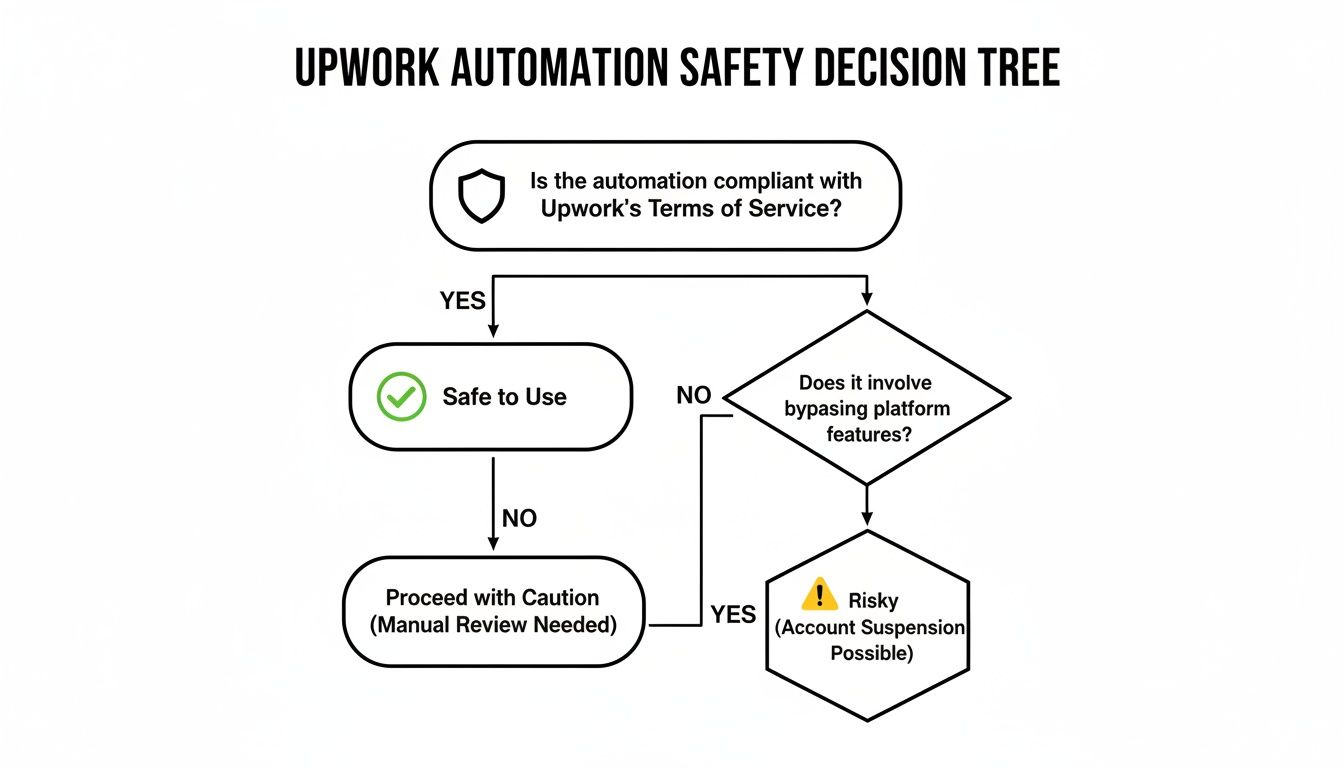Upwork automation safety decision tree flowchart illustrating compliance, risks, and caution levels for account use.
