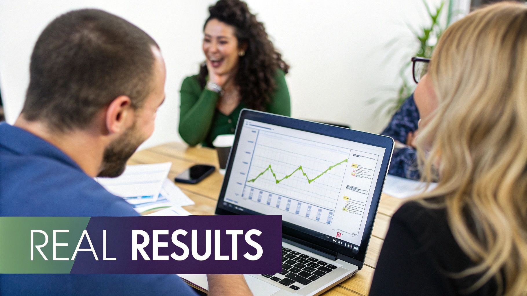 Business professionals review a laptop showing a positive trend graph and celebrate real results.
