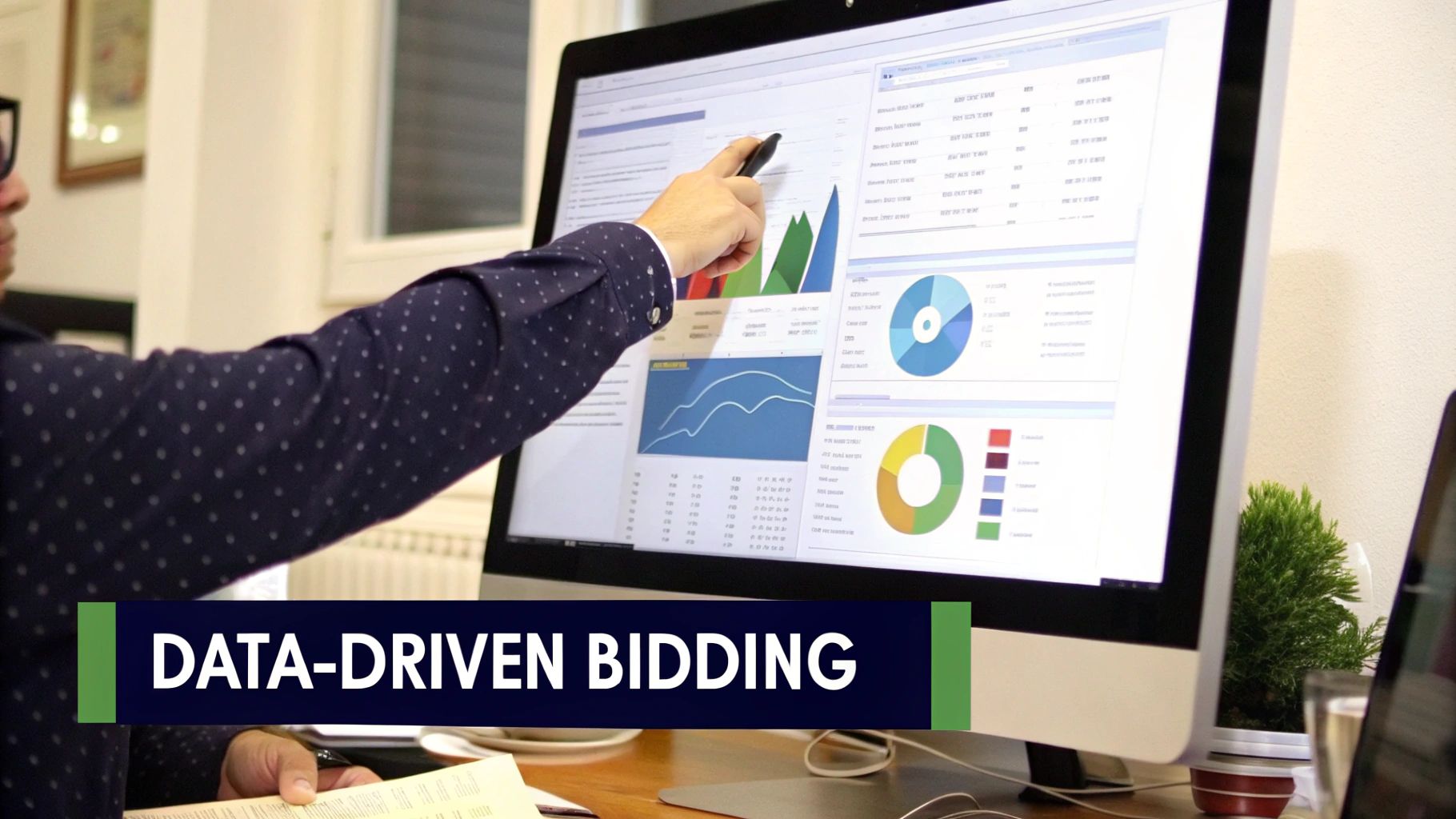 A person points at a computer monitor displaying various data visualizations and charts for analysis.