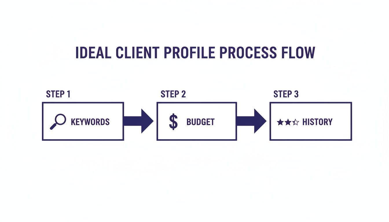 An ideal client profile process flow diagram with three steps: Keywords, Budget, and History.