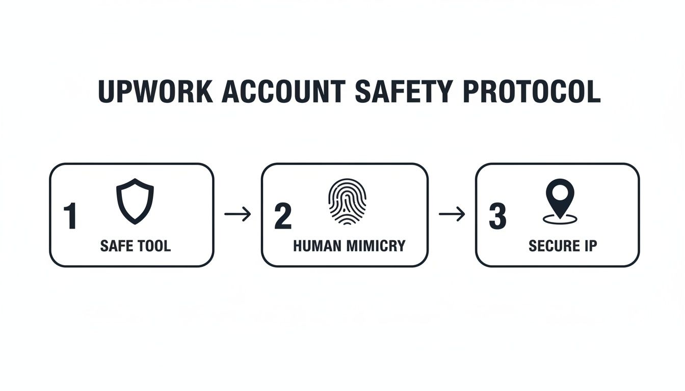 A diagram showing the Upwork Account Safety Protocol with three steps: Safe Tool, Human Mimicry, and Secure IP.