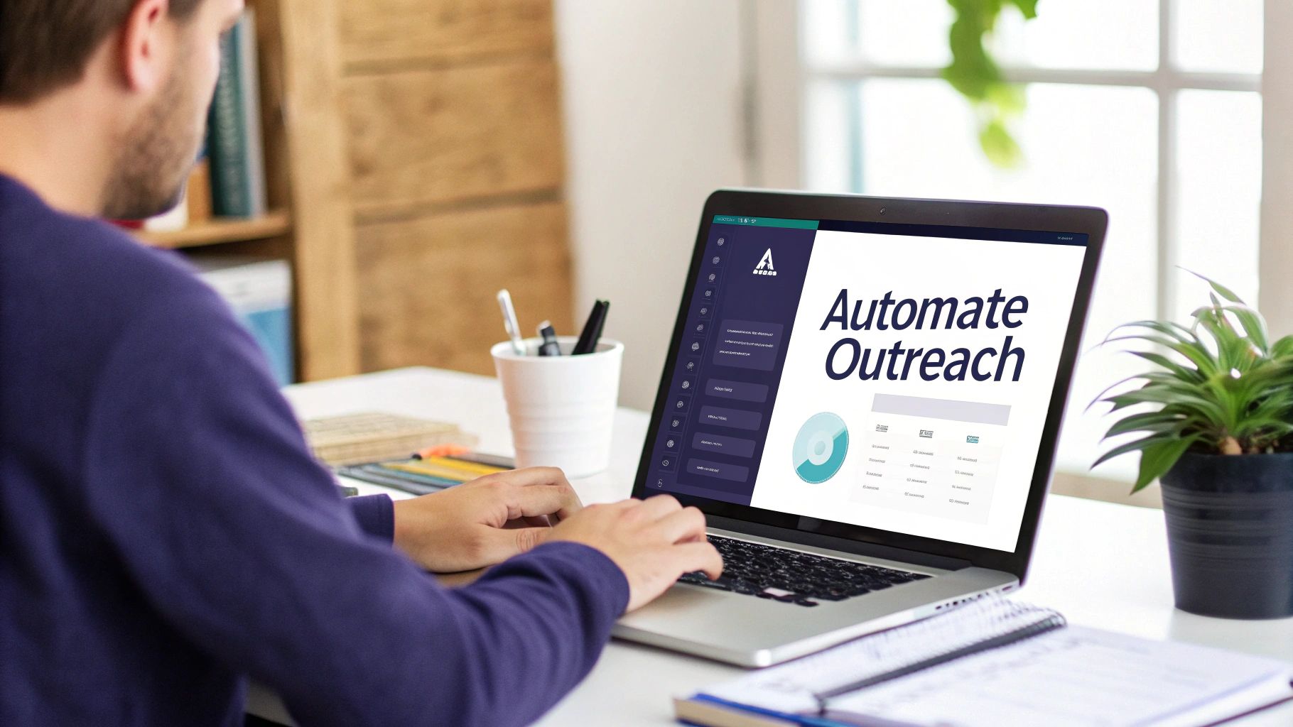 A person types on a laptop displaying "Automate Outreach" software, in a productivity-focused home office setting.