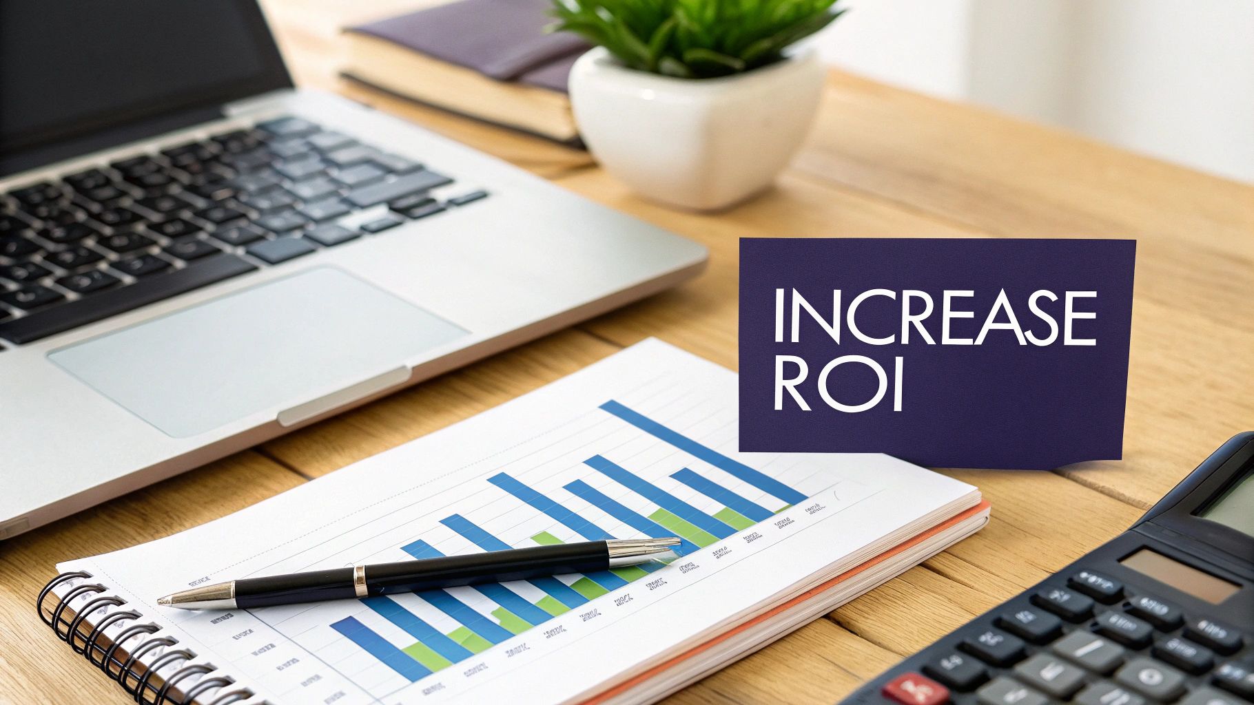 Desk setup with a laptop, financial graph notebook, calculator, and an 'INCREASE ROI' card.
