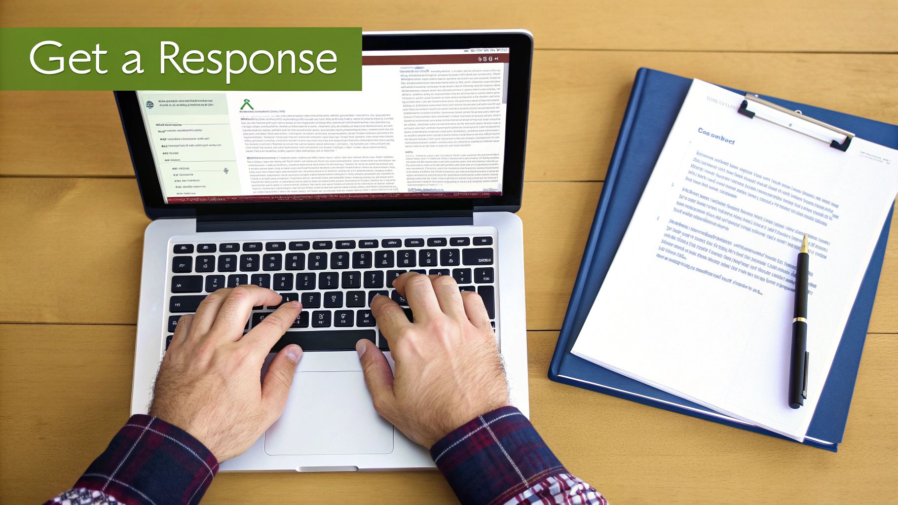 Person's hands typing on a laptop next to a clipboard with a document and a pen.