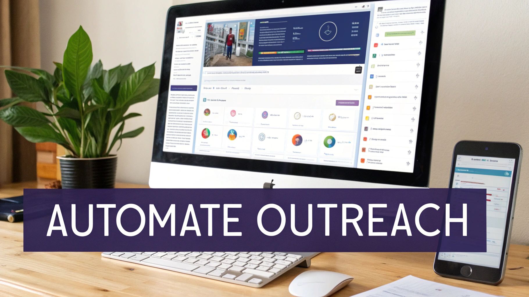 A desktop computer and smartphone on a desk display 'Automate Outreach' and a business dashboard.