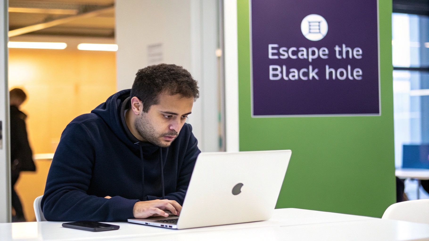 A man in a dark hoodie intently types on a silver laptop, next to a sign 'Escape the Black hole'.