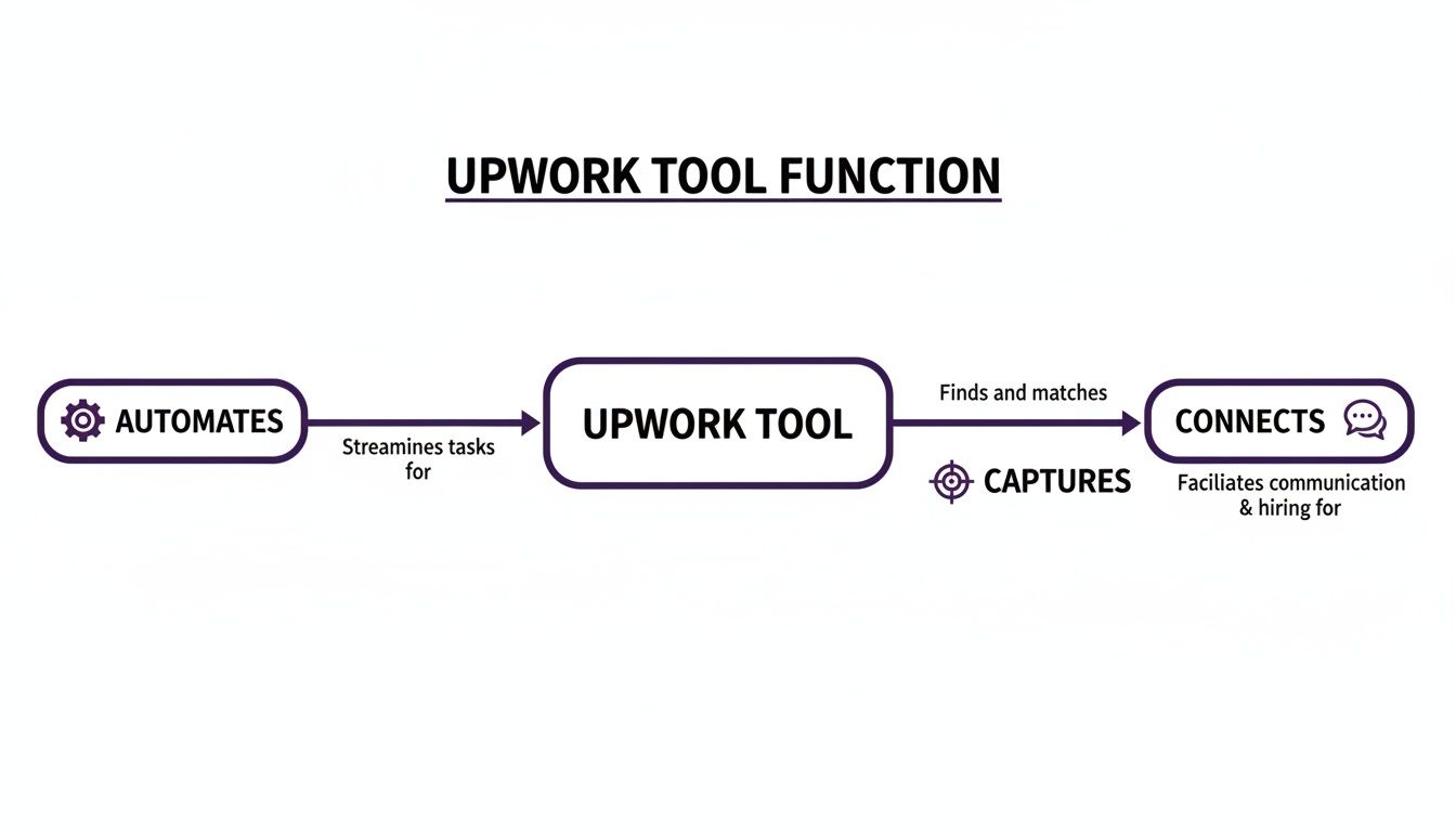 Flowchart illustrating Upwork tool functions: automating tasks, capturing data, finding matches, and connecting for hiring.
