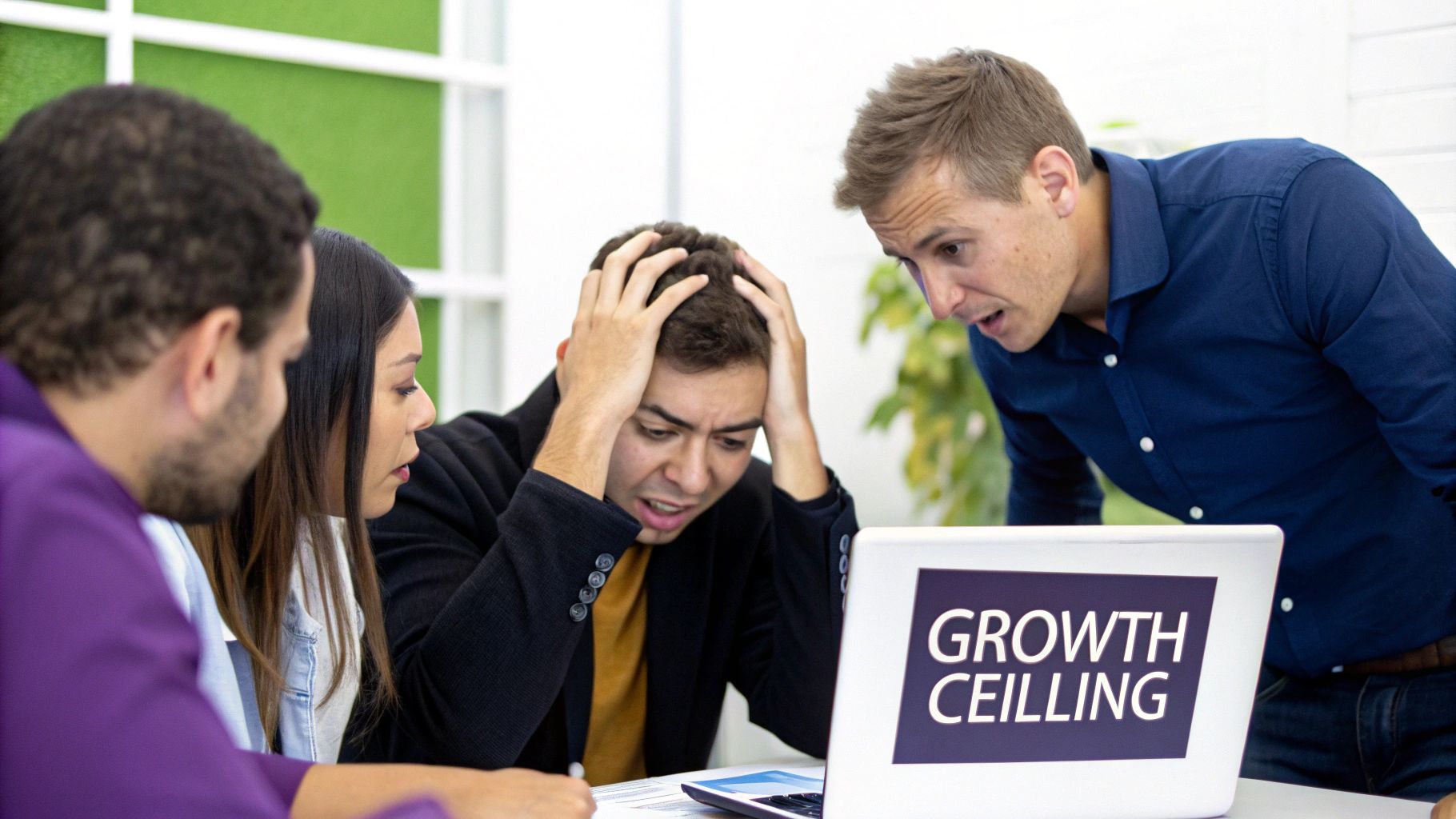 Four business people look stressed at a laptop showing 'Growth Ceiling' during a meeting.