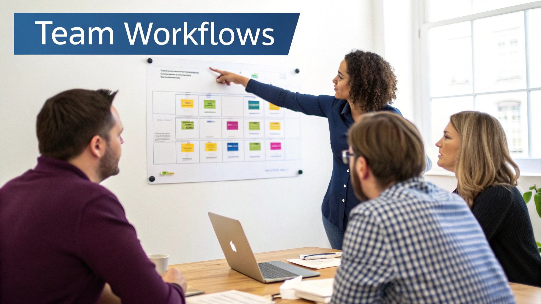 Diverse team collaborating on project workflows displayed on a whiteboard during a meeting.