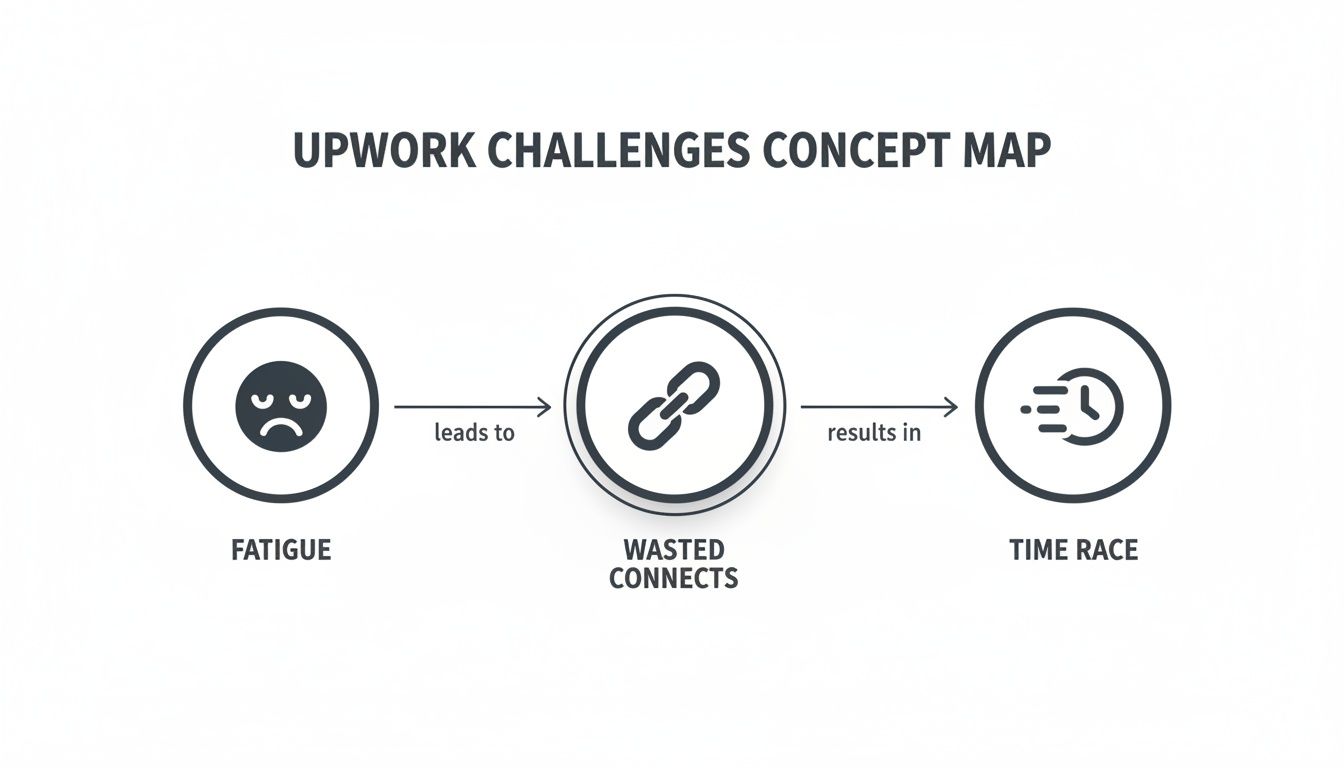 A concept map showing Upwork challenges: fatigue leads to wasted connects, which results in a time race.