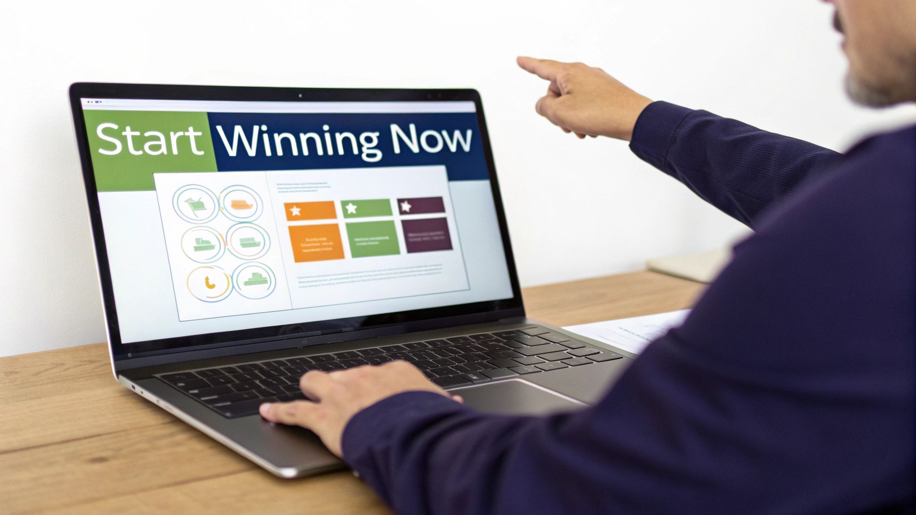 A person types on a laptop and points at the screen showing 'Start Winning Now' text.