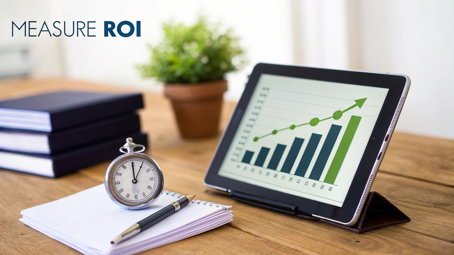A business desk with a tablet showing a growth graph, books, and a pocket watch, for measuring ROI.