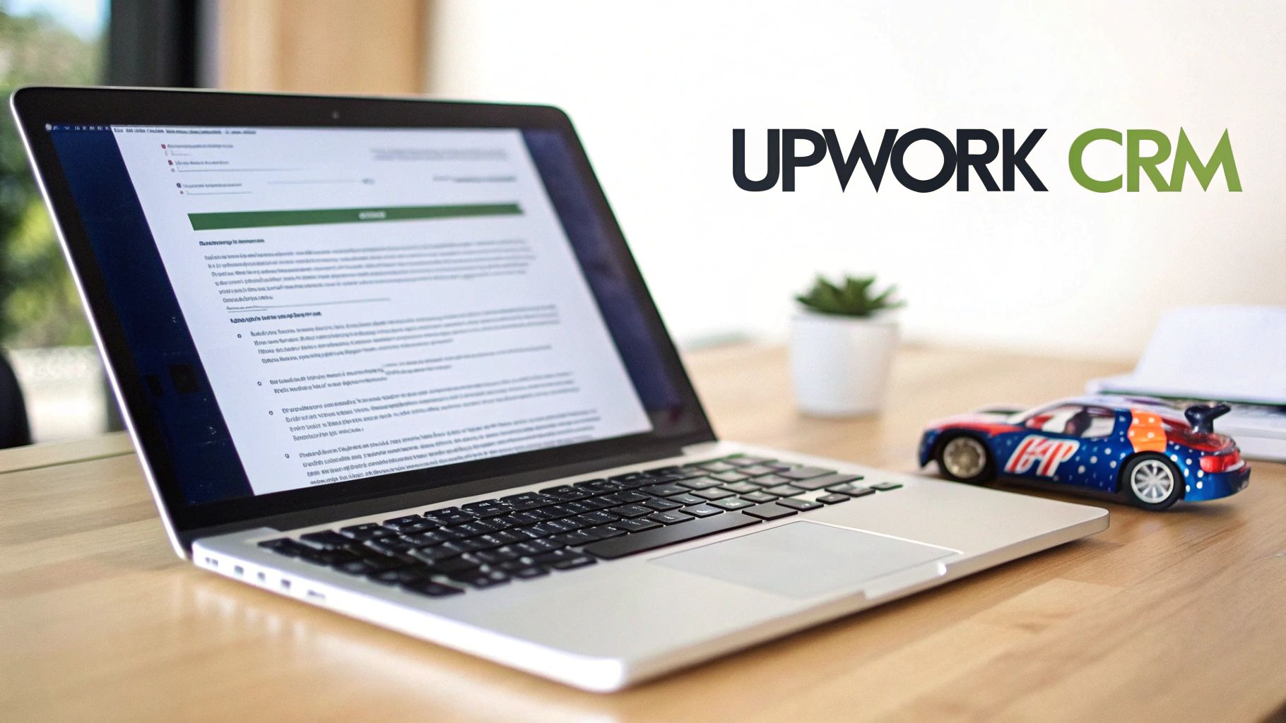 A person working on a laptop, analyzing data on a screen that shows charts and project listings, illustrating the concept of an Upwork CRM tool.