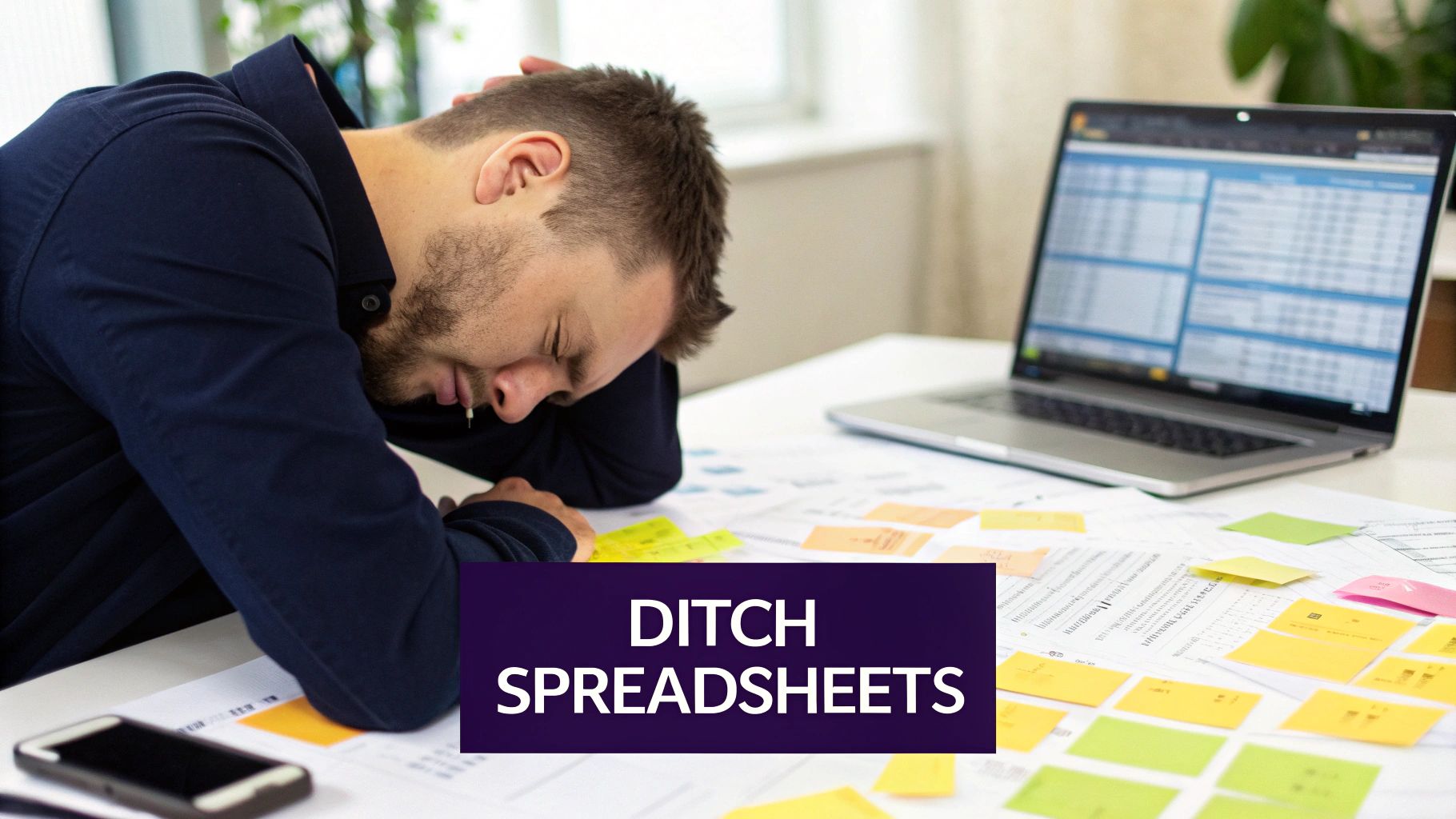 A chaotic spreadsheet with overlapping data, red error cells, and frustrated sticky notes, symbolizing the limitations of manual tracking for an Upwork agency.