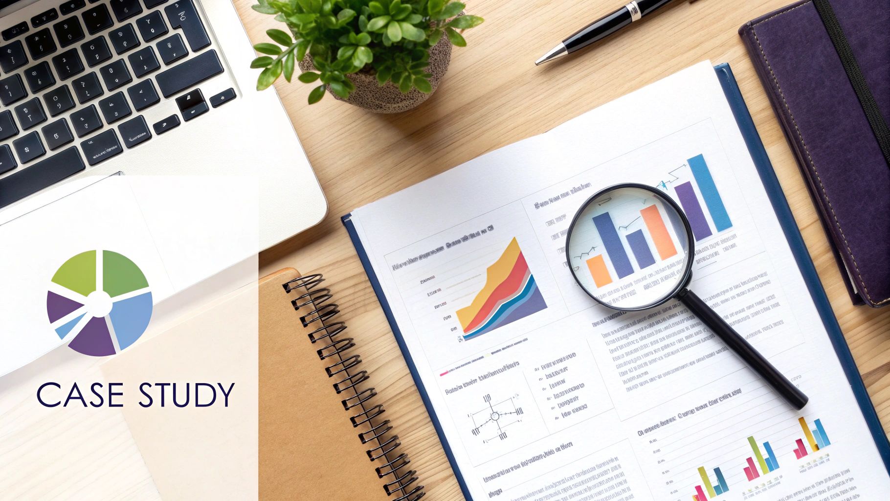 Overhead view of a business desk with laptop, documents, charts, magnifying glass, and 'CASE STUDY' text.