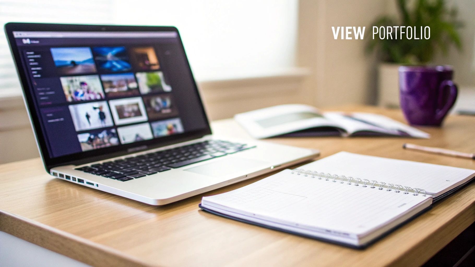 A laptop displaying a portfolio website, an open notebook, and a mug on a wooden desk.