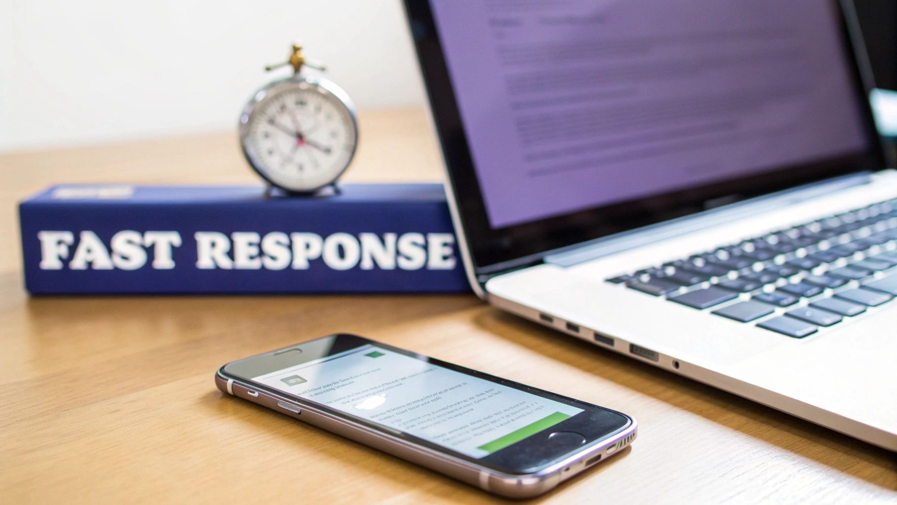 A laptop, smartphone, and stopwatch next to a 'FAST RESPONSE' box, symbolizing quick service.