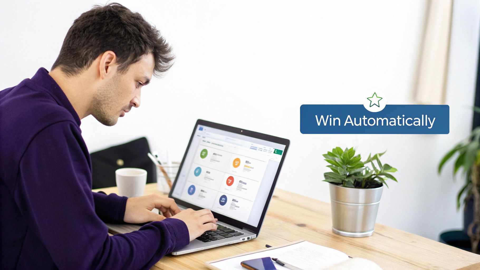 Young man focused on his laptop displaying a business dashboard, with a 'Win Automatically' banner.