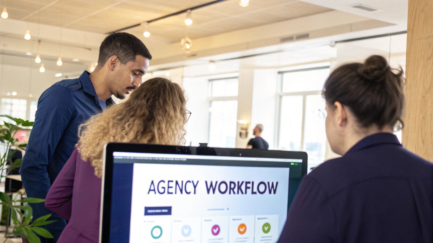 Three diverse professionals collaborating in a bright office, reviewing an 'AGENCY WORKFLOW' on a computer screen.