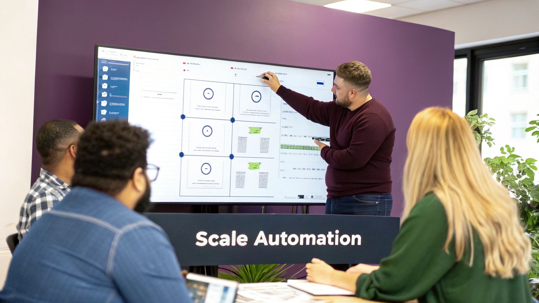 A presenter explains automation concepts on a large screen to a diverse group of professionals.