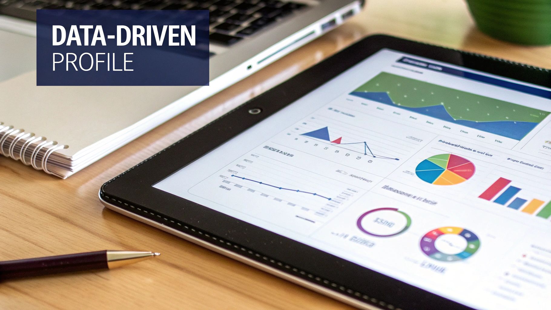 A tablet displaying various data charts and graphs, along with a notebook and pen, on a wooden desk.