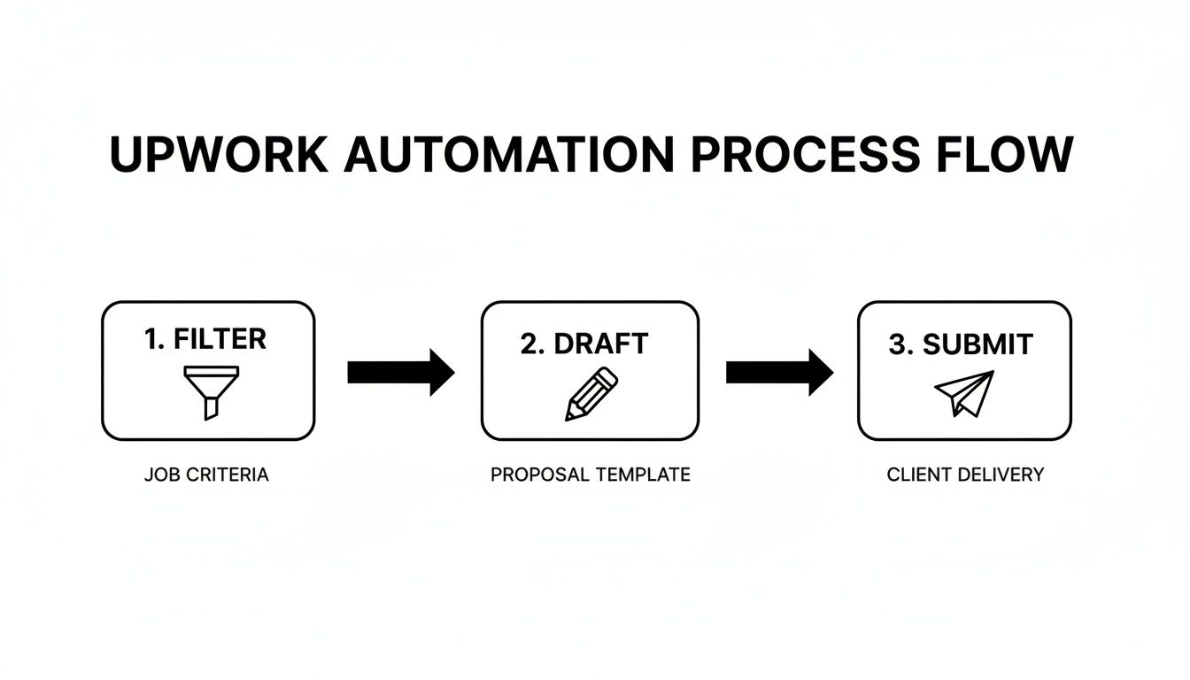 Upwork automation process flow showing steps: filter job criteria, draft proposal, and submit.