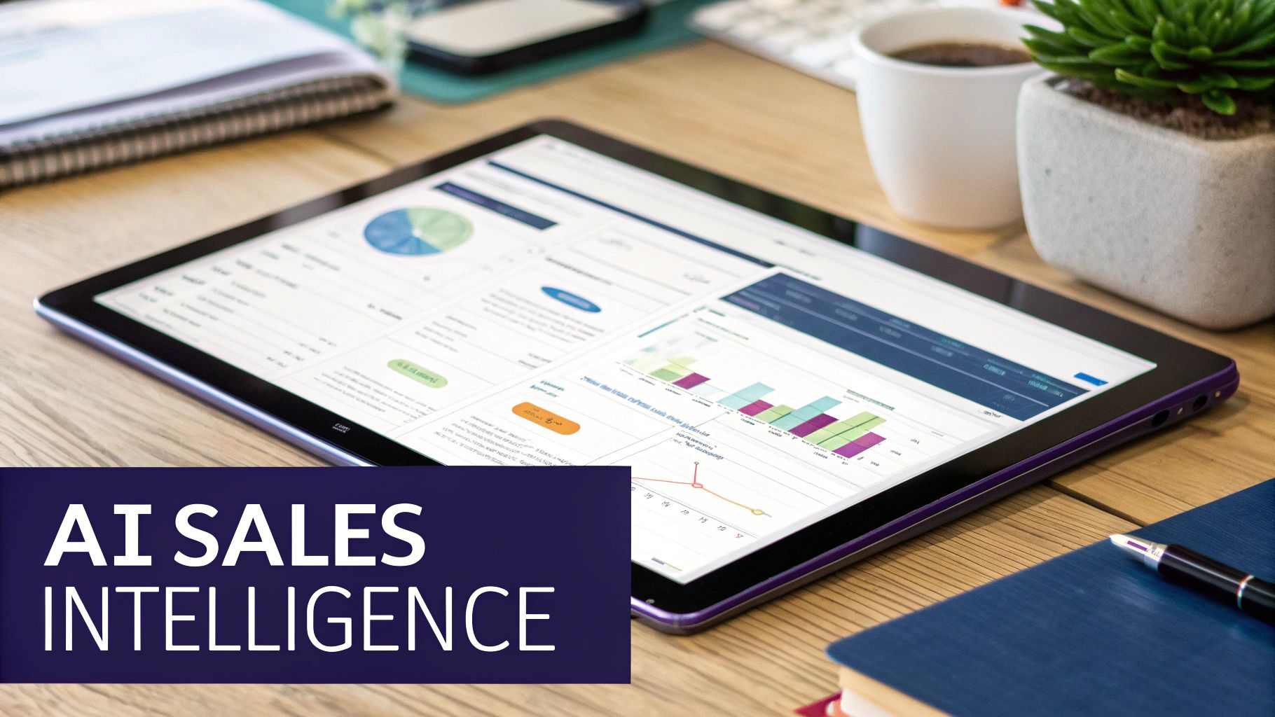 Tablet displaying AI sales intelligence analytics and charts on a wooden desk with office supplies.