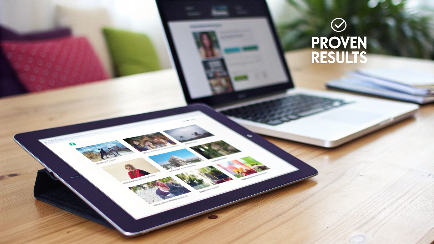 A tablet and laptop on a wooden desk, displaying various digital content and profiles.