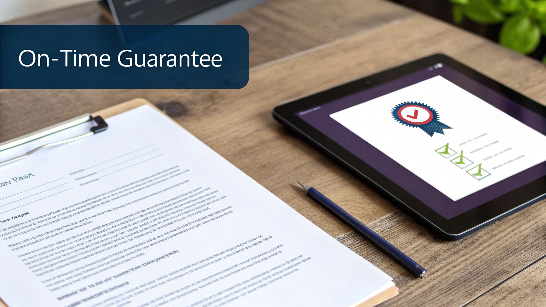 A tablet displays an "On-Time Guarantee" badge and checkmarks next to a document and pencil.