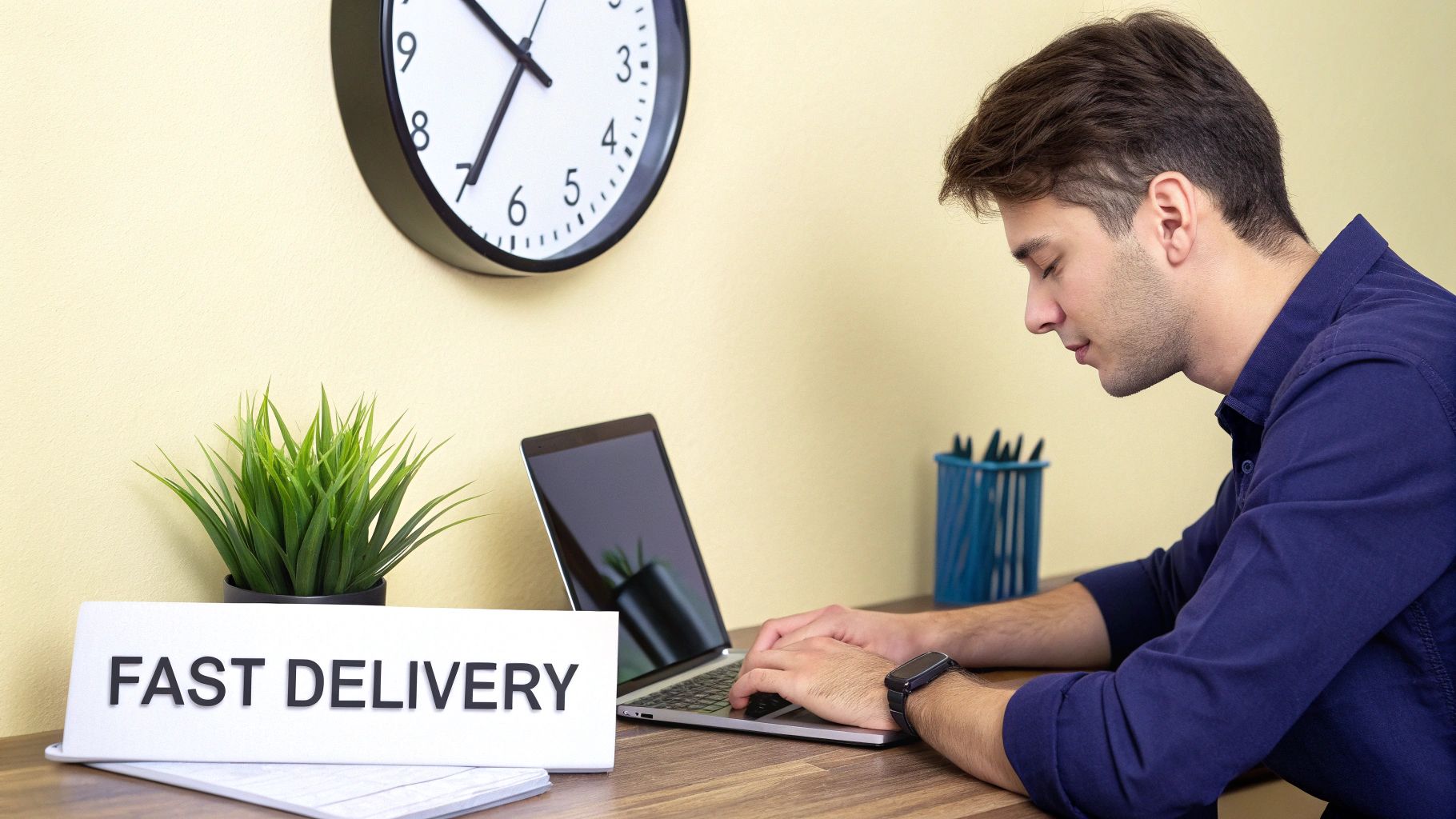 A man in a blue shirt types on a laptop at a desk with a "FAST DELIVERY" sign and a clock.