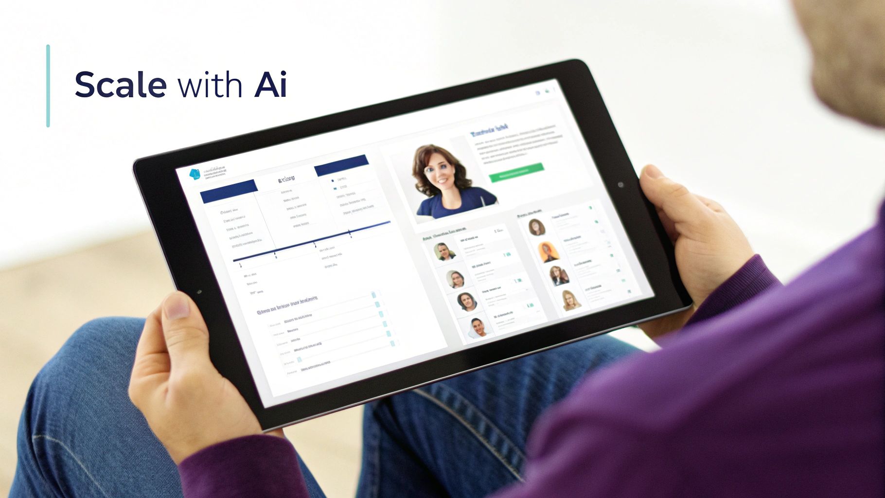A person holds a tablet displaying a business application dashboard with profiles, data, and 'Scale with Ai' text.