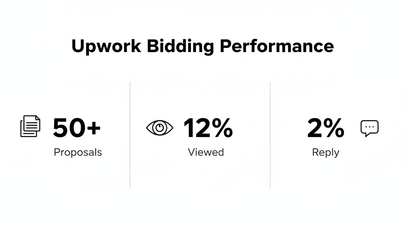 Upwork bidding performance dashboard showing 50+ proposals, 12% viewed, and 2% reply rates.