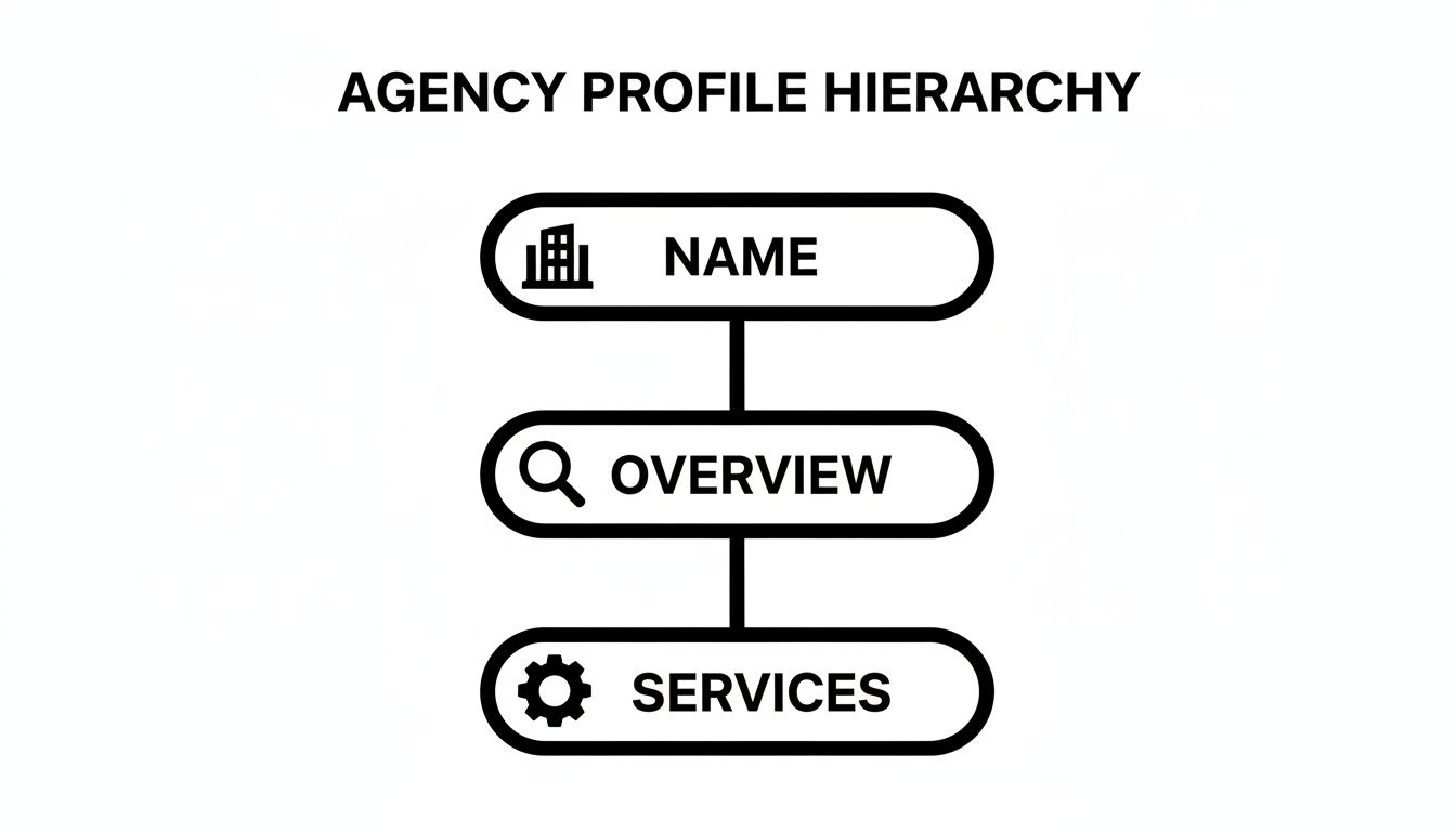 Hierarchy diagram showing agency profile elements: Name, Overview, and Services, connected vertically.