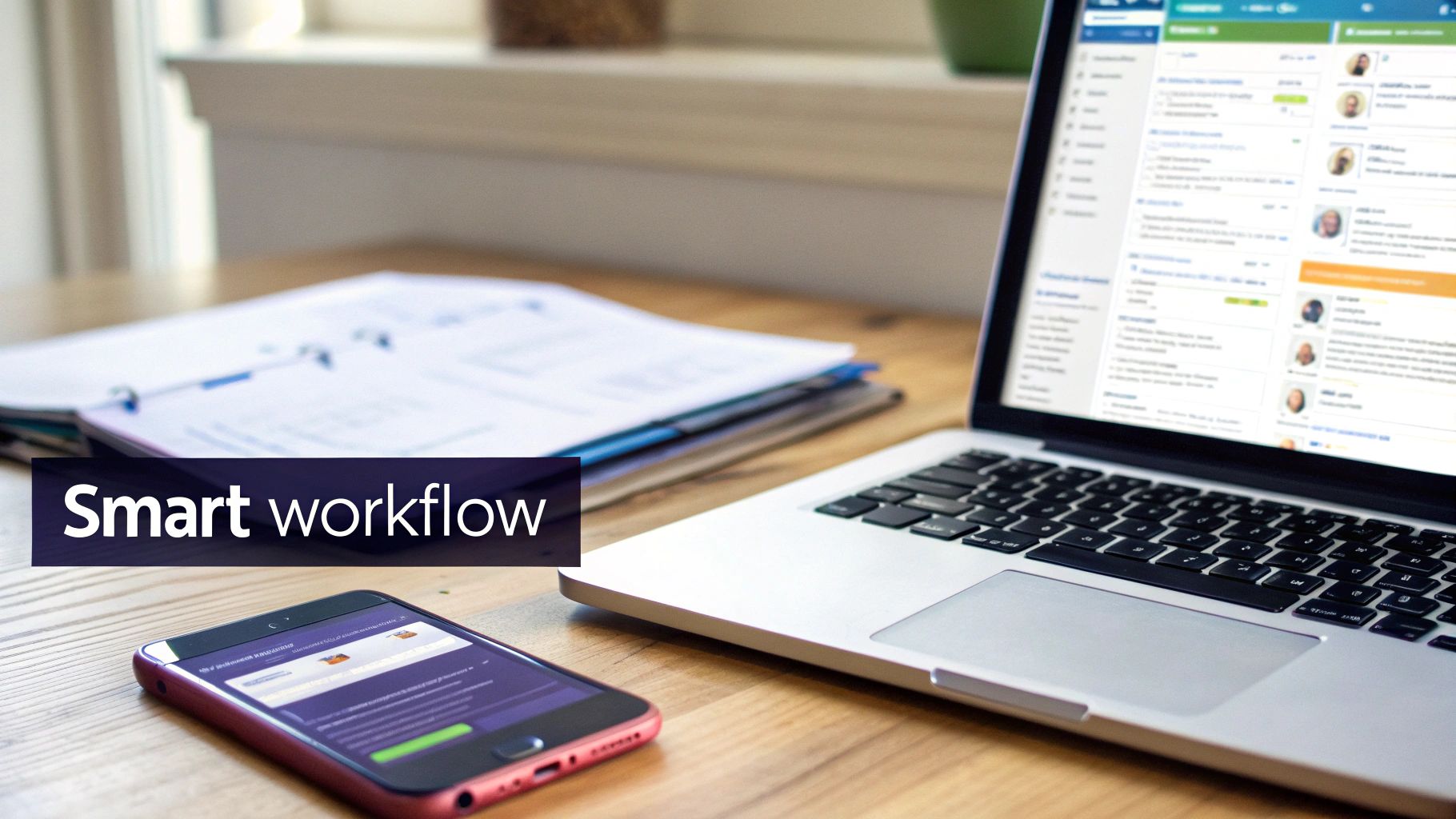 A laptop, smartphone, and documents on a wooden desk with a 'Smart workflow' text overlay.