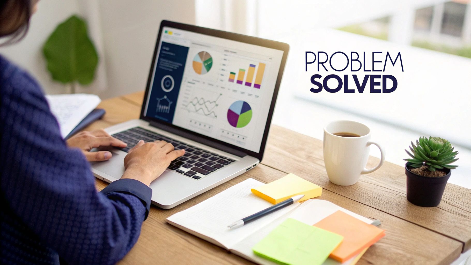 Person analyzing data on a laptop with charts, coffee, and 'Problem Solved' message.