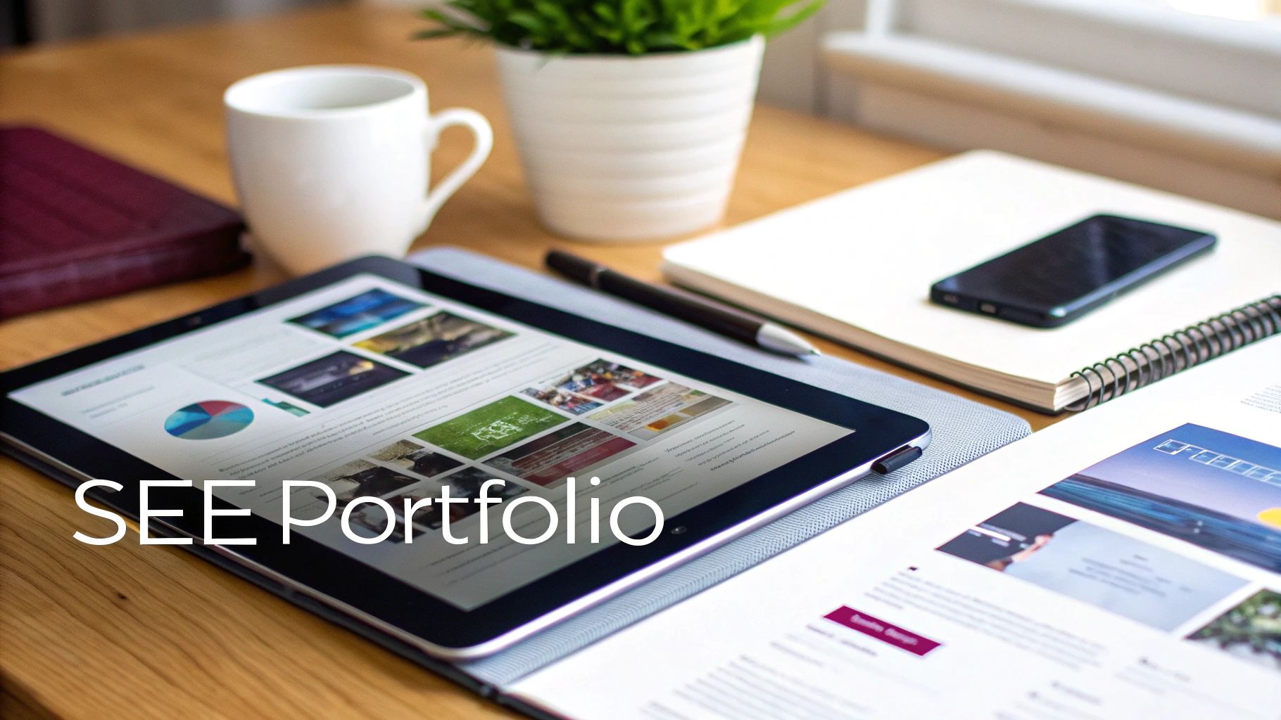 A modern workspace with a tablet displaying a portfolio, notebook, phone, coffee mug, and plant on a wooden desk.