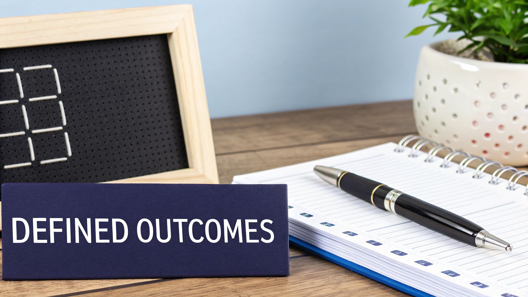 A blue sign with 'DEFINED OUTCOMES' text, a notebook, pen, and plant on a wooden desk.