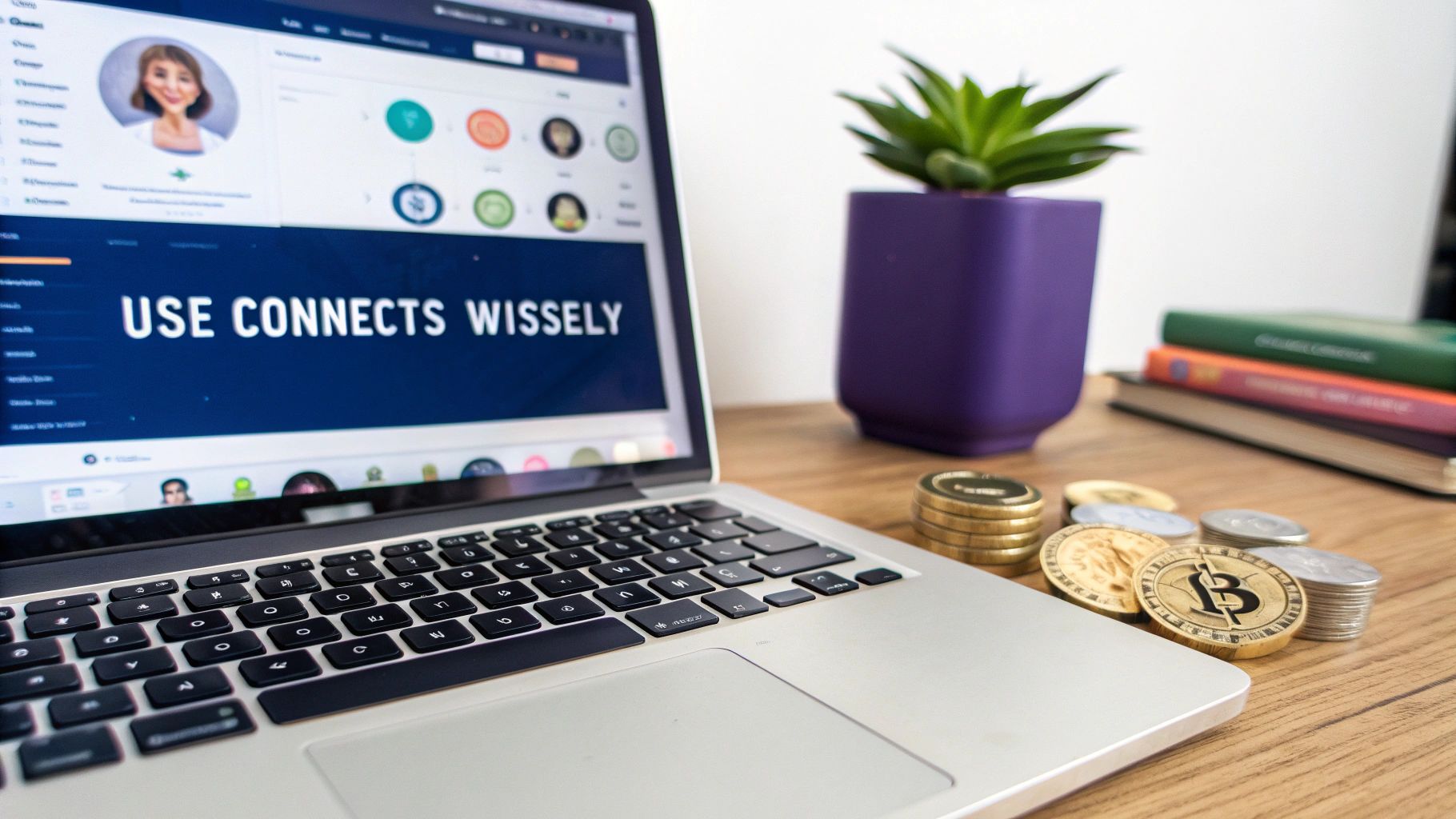 A laptop shows 'USE CONNECTS WISELY' next to crypto coins and books on a wooden desk.