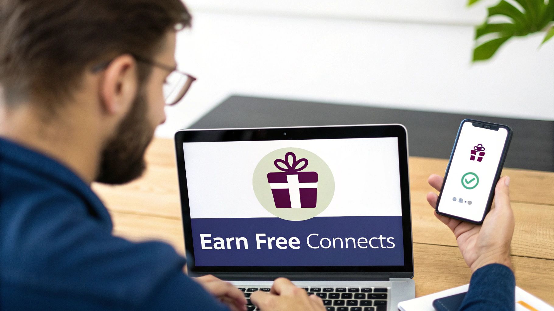 A person uses a laptop displaying "Earn Free Connects" and holds a smartphone with a gift icon.