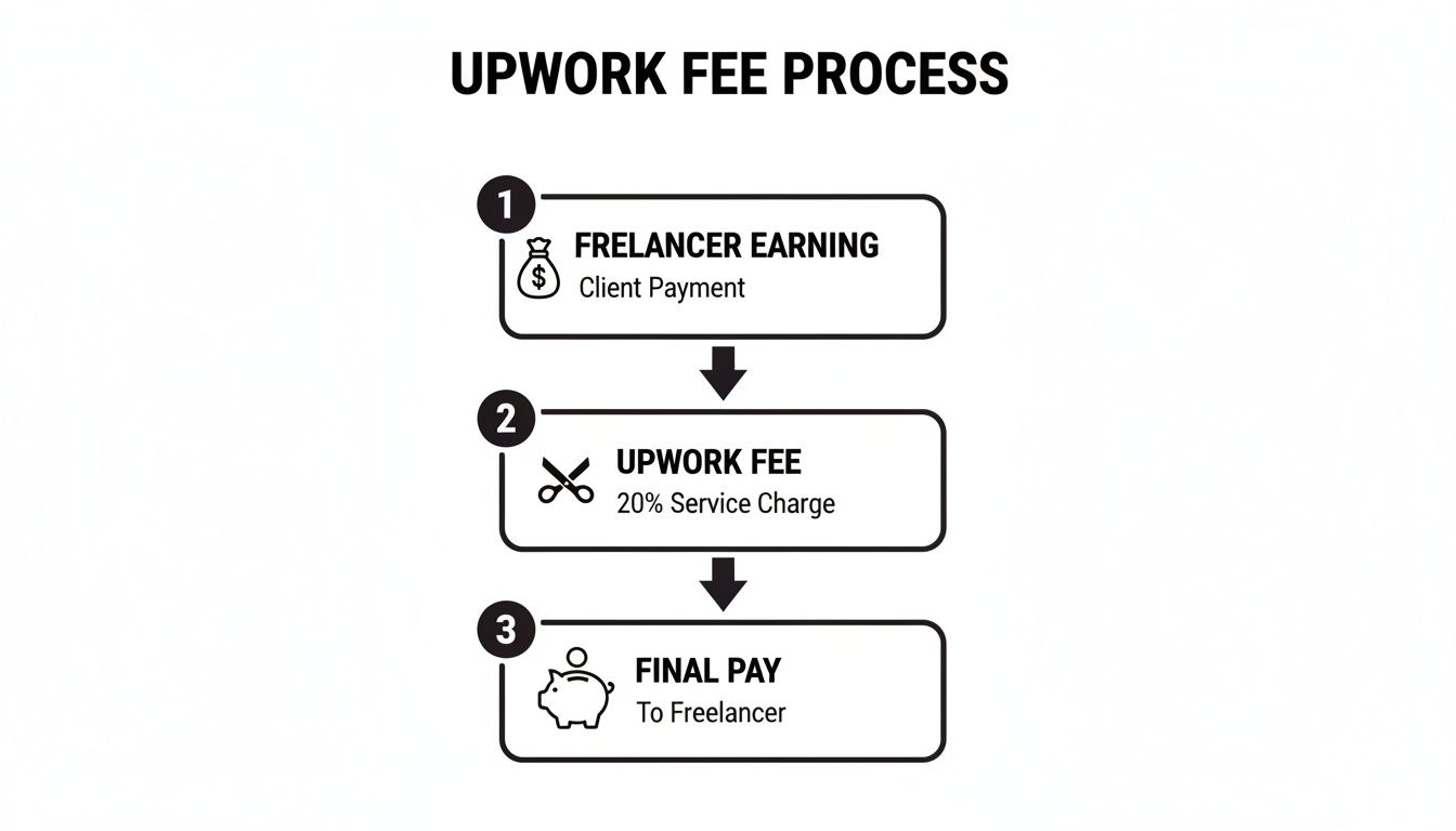 Flowchart detailing the Upwork fee process, from client payment to freelancer's final pay after a 20% service charge.