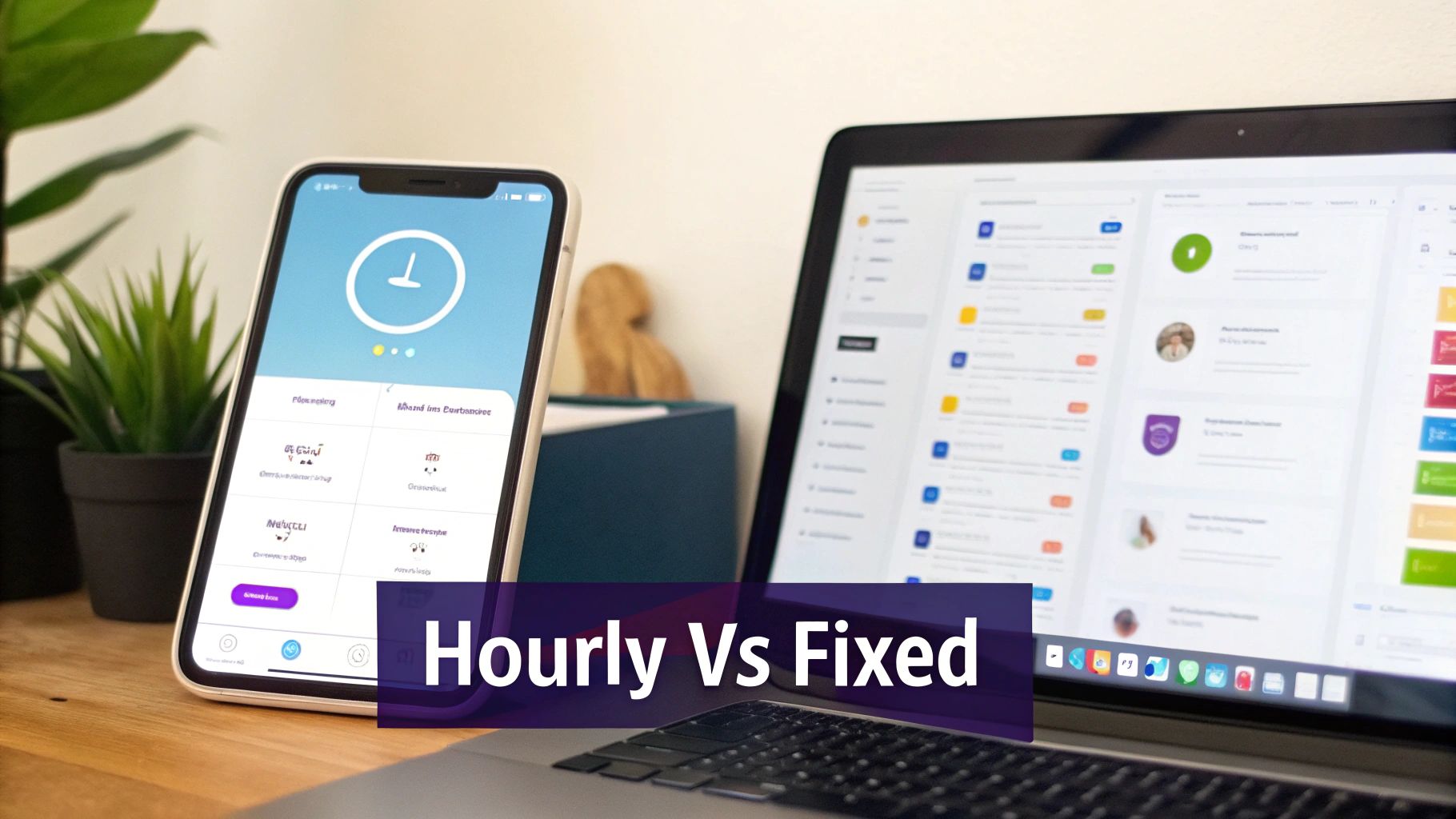 A smartphone and laptop on a desk displaying work applications, with 'Hourly Vs Fixed' text overlay.