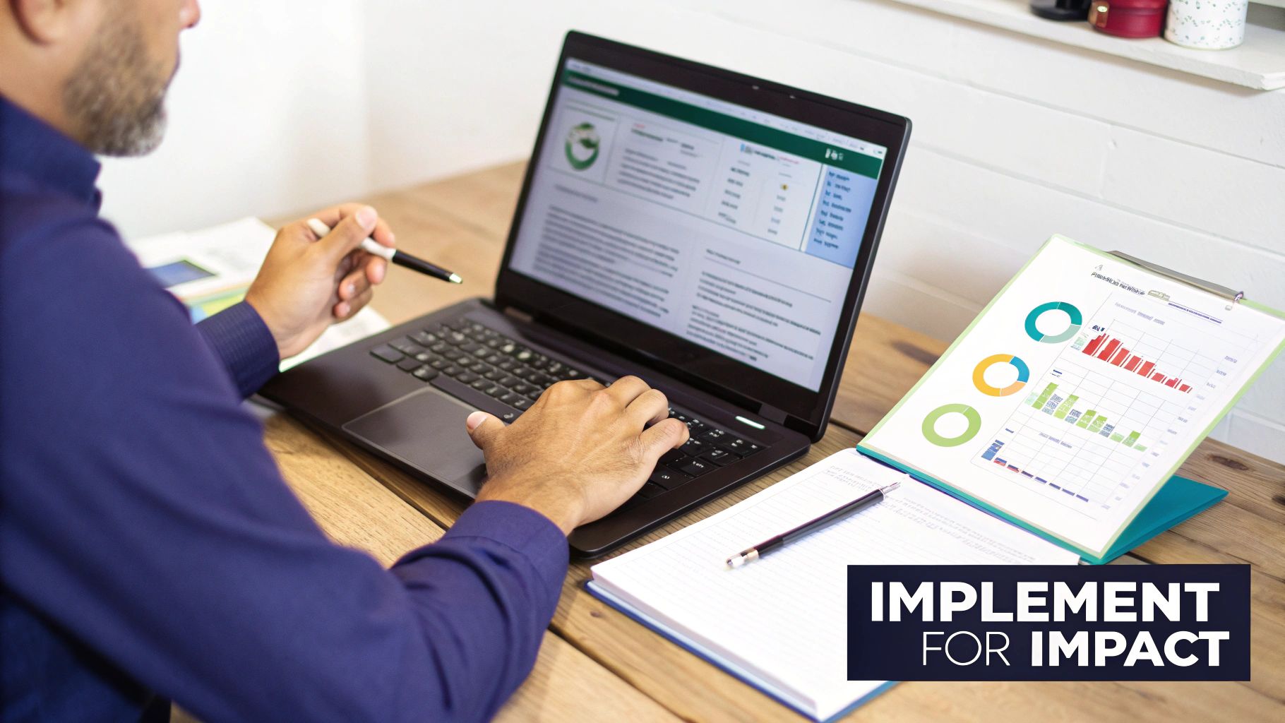 A person analyzes data on a laptop and a physical document, holding a pen.